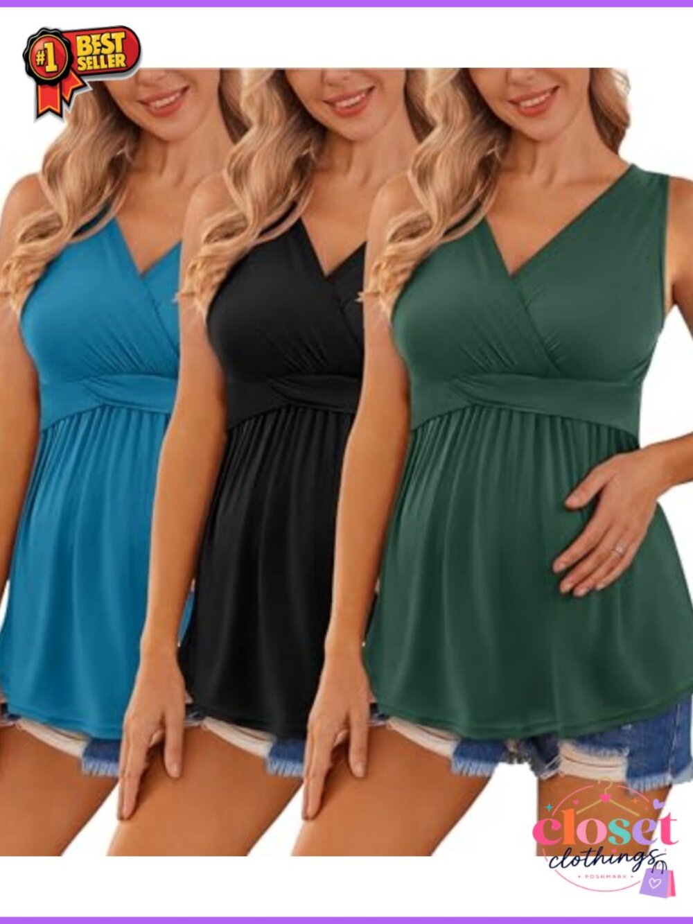 Maternity Nursing Tank Tops 3 Pack Sleeveless V Neck Breastfeeding